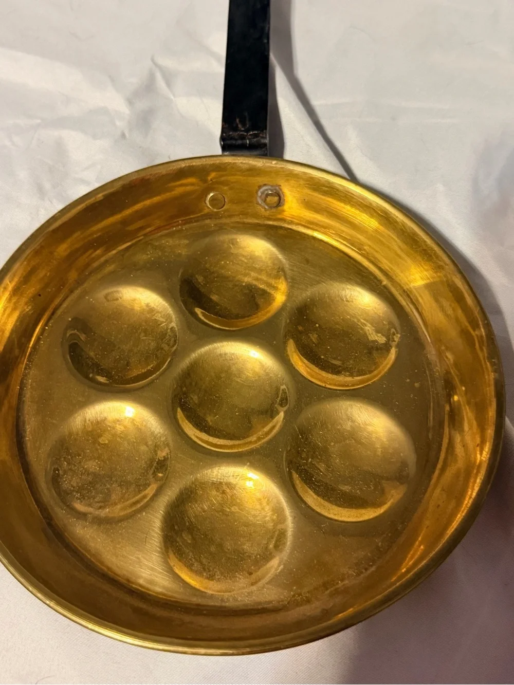 Vintage Brass Æbleskiver Danish Pancake Pan 7 Cup Iron Handle